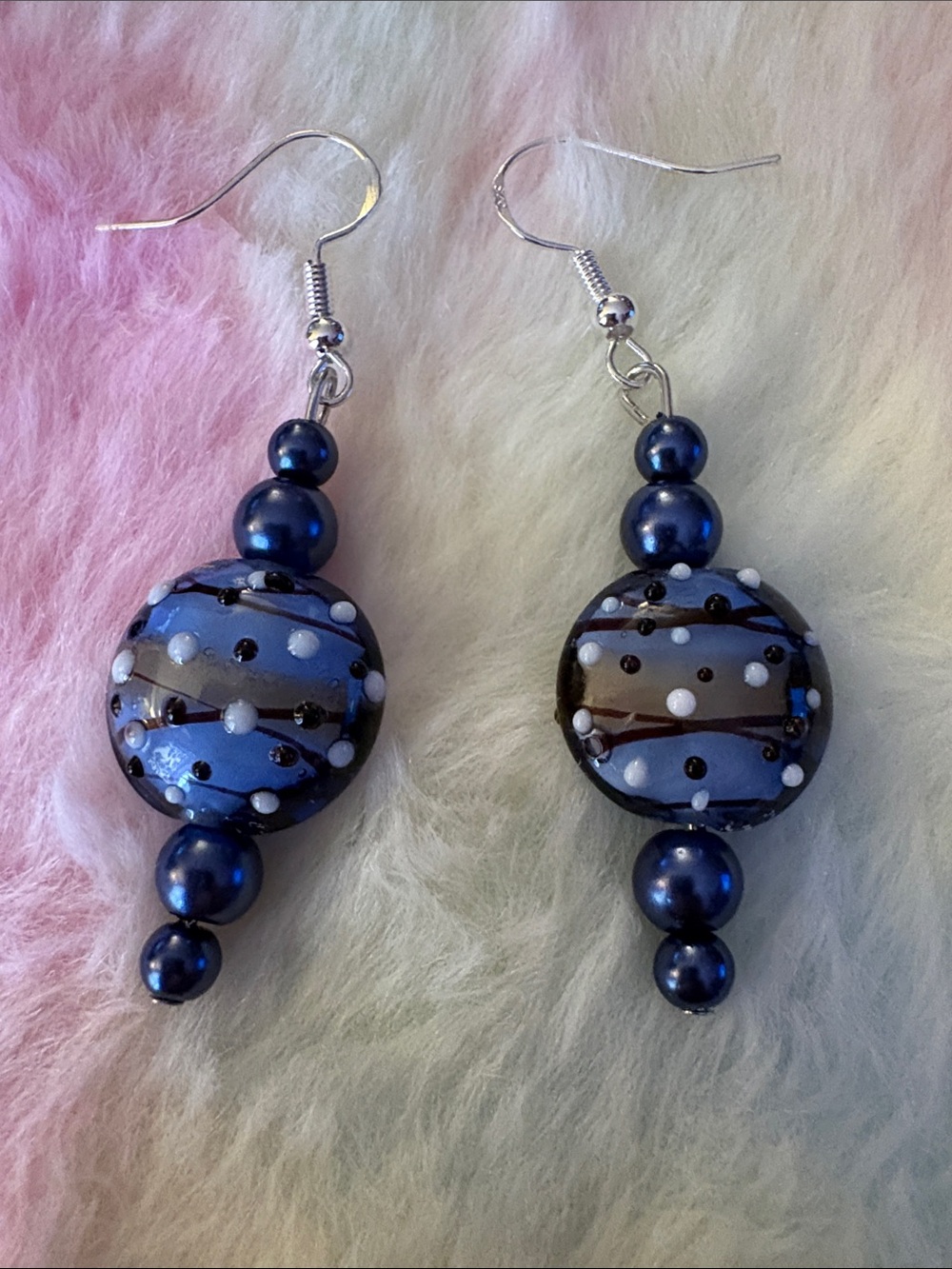 Hand Crafted Navy Blue and White lamp work Glass Drop Earrings